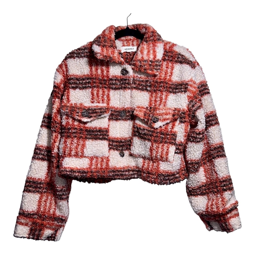 VEVERET‎ Women's Brown Orange Boucle Plaid Cropped Button-Up Teddy Jacket Large